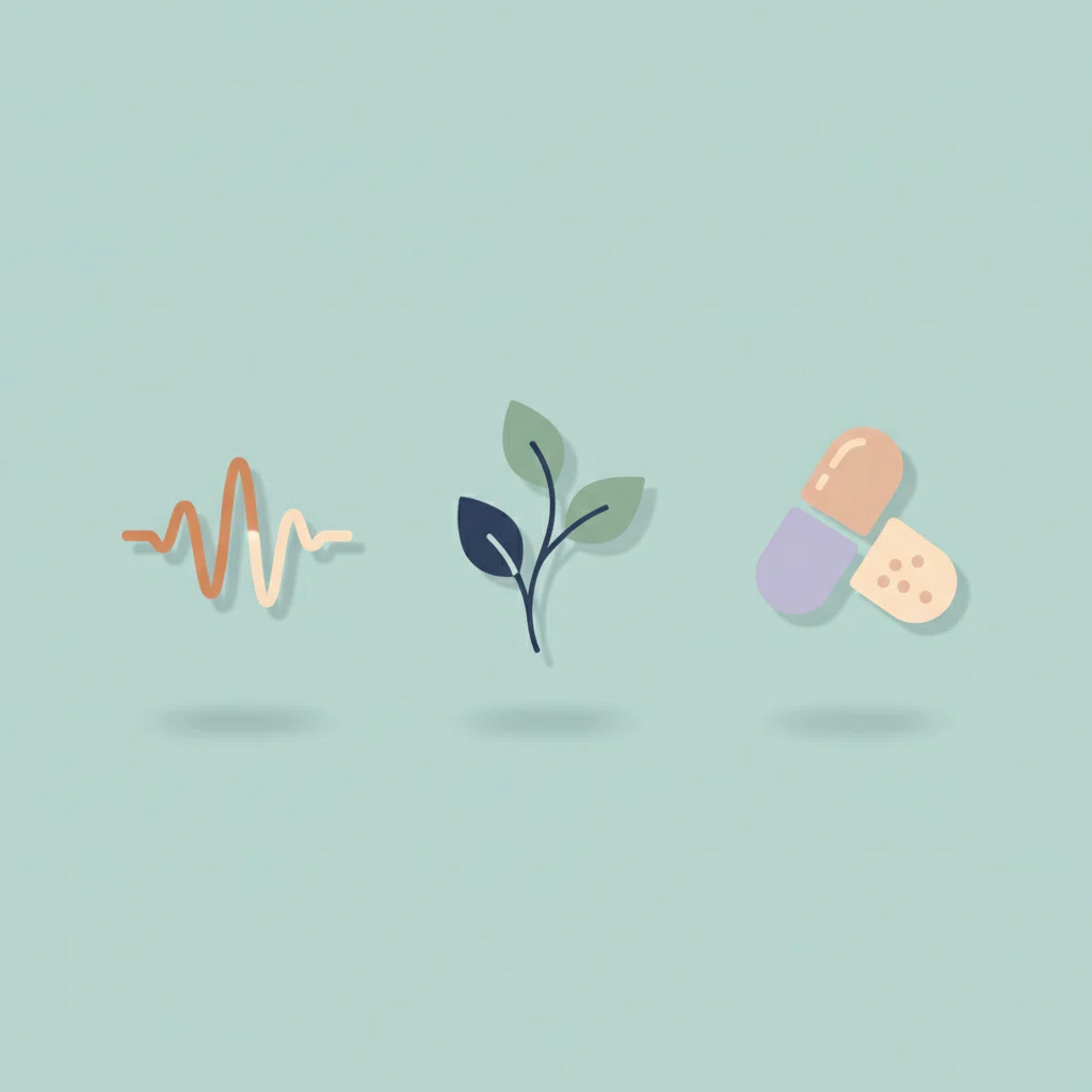 Infographic-style flat-lay showing sound wave, botanical leaf and capsule icons representing nutrients for normal nervous system function