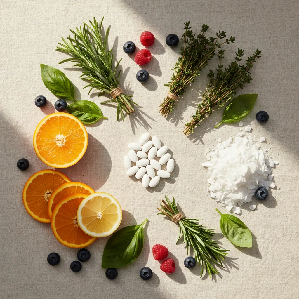Flat-lay of natural wellness ingredients including zinc, green herbs, citrus, magnesium and berries - food supplement for auditory comfort