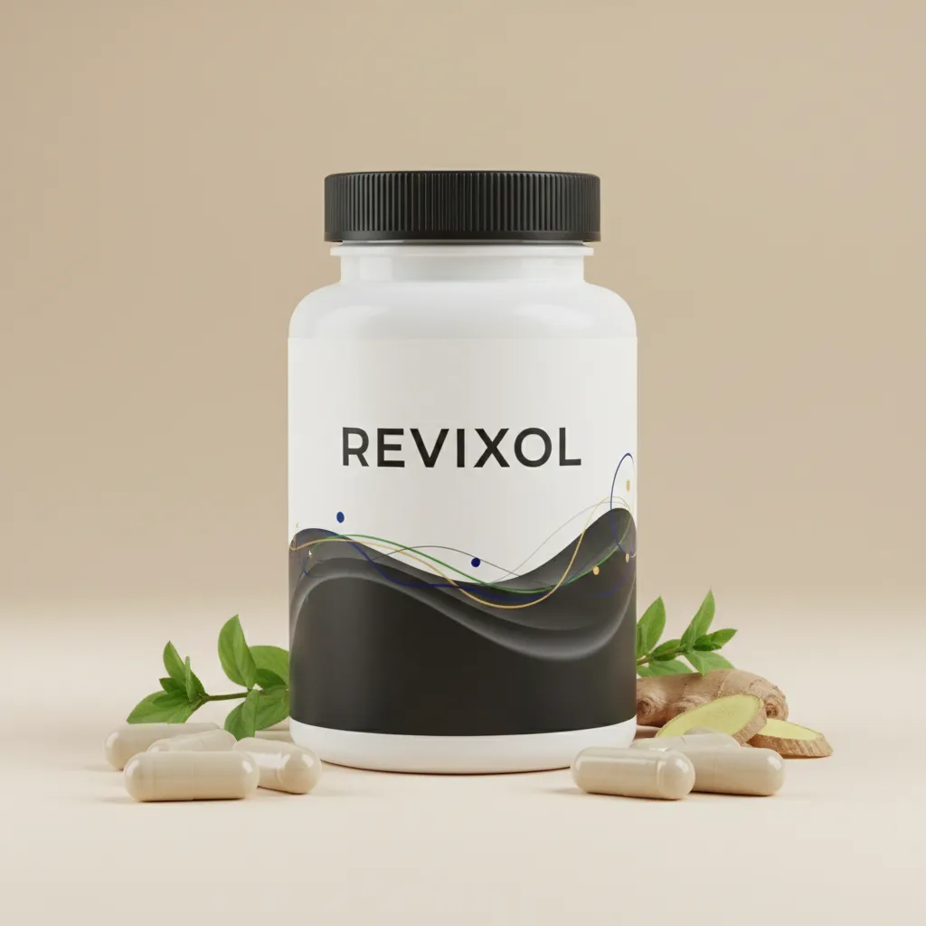 Revixol amber supplement bottle with white cap, ear wellness supplement 30 capsules